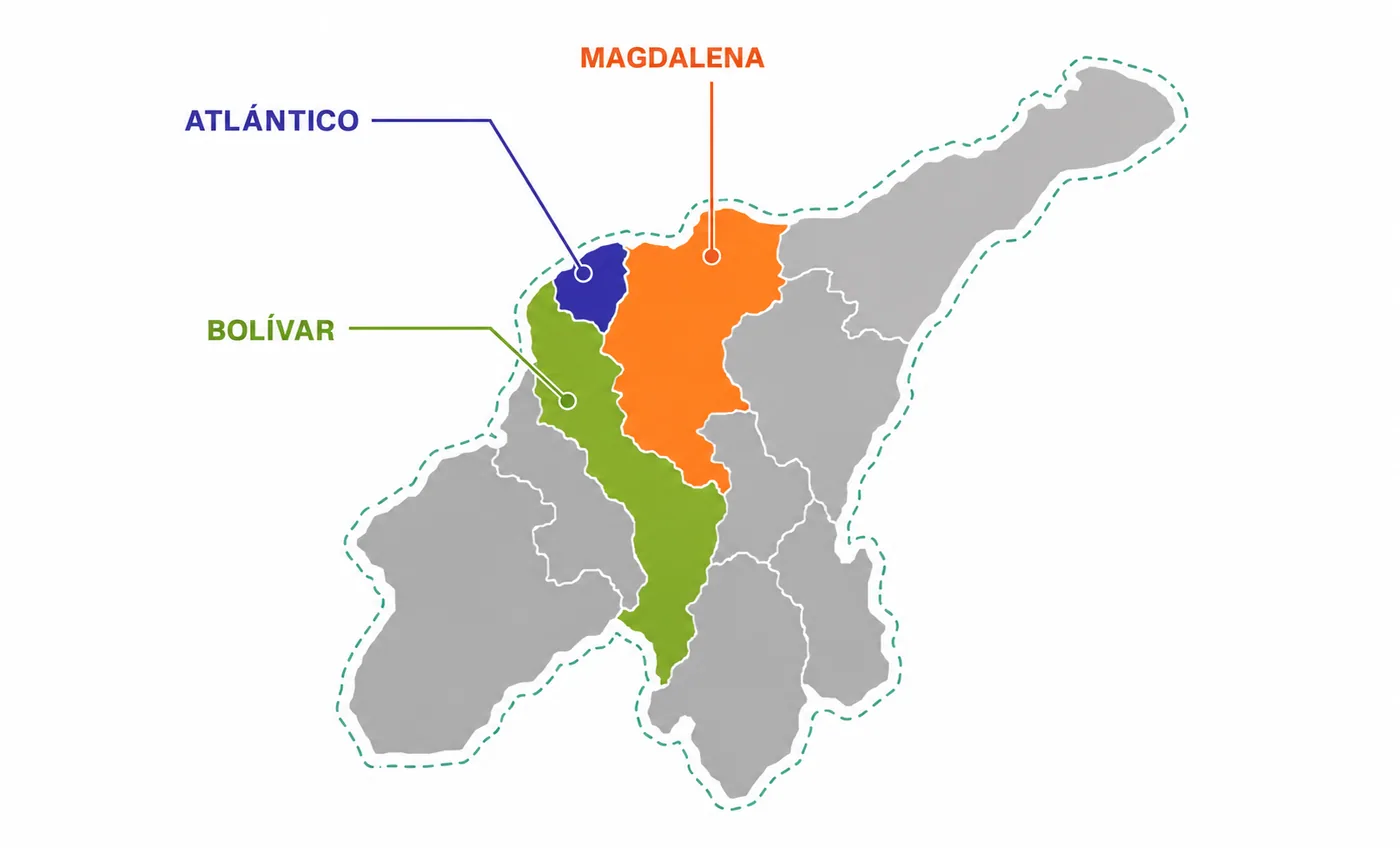 Mapa del Caribe colombiano que resalta los departamentos de Atlántico, Magdalena y Bolívar, con Barranquilla señalada como la sede.