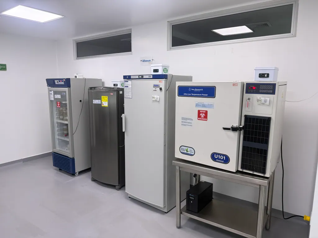 Allied storage area with refrigerators, freezers and an ultra-low temperature freezer.
